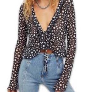 Free People Marne Women's Black Star Print Sheer Mesh Tie‎ Front Boho Coquette